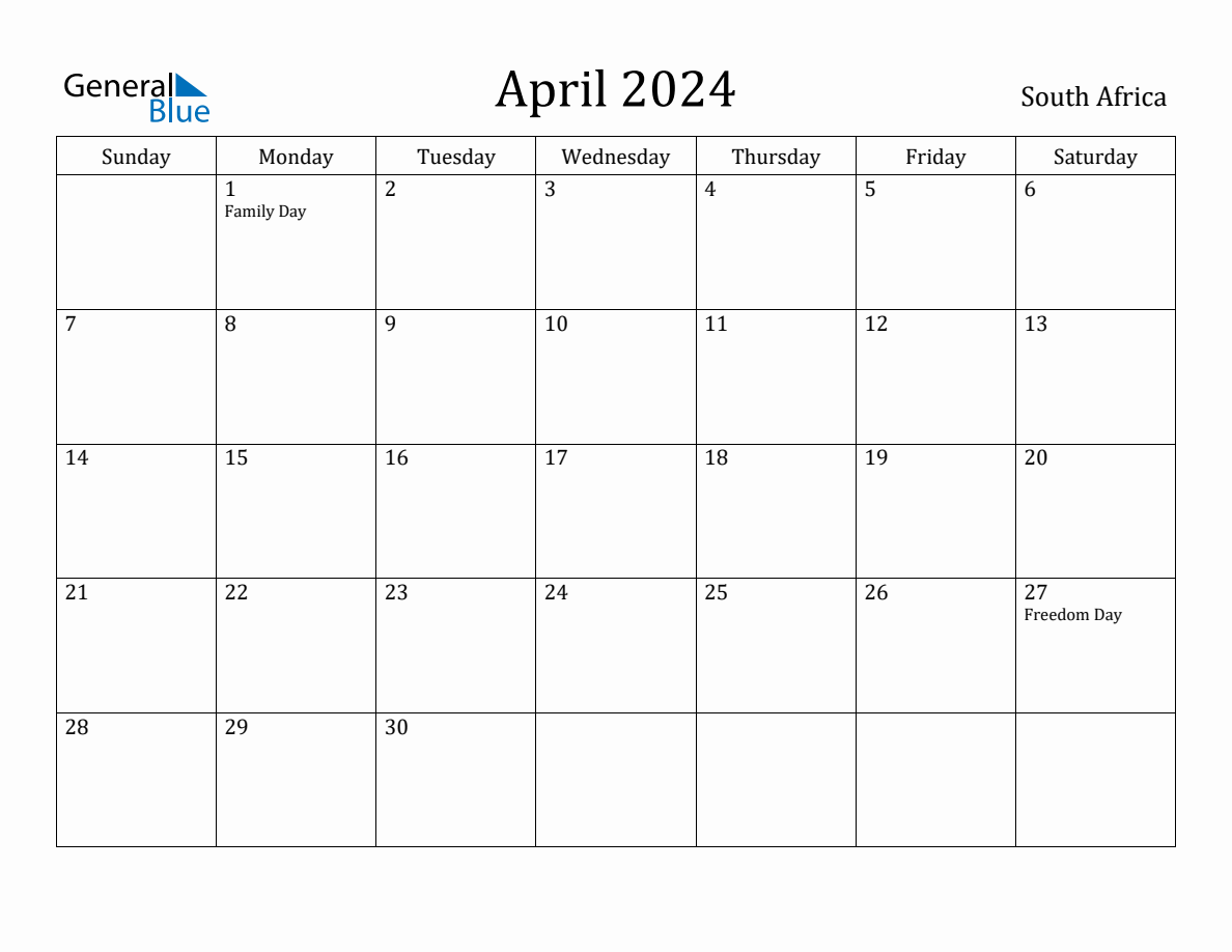 April 2024 monthly calendar with holidays in South Africa