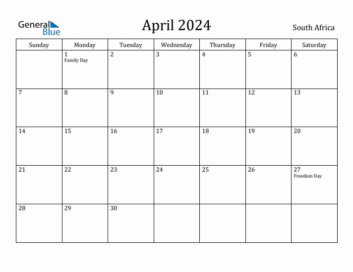 April 2024 Calendar South Africa