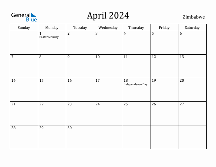 April 2024 Monthly Calendar with Zimbabwe Holidays
