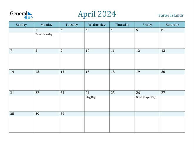 Faroe Islands April 2024 Calendar with Holidays