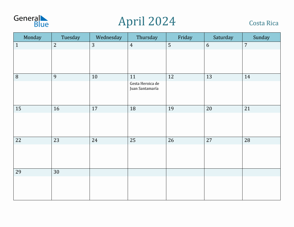 Costa Rica Holiday Calendar for April 2024