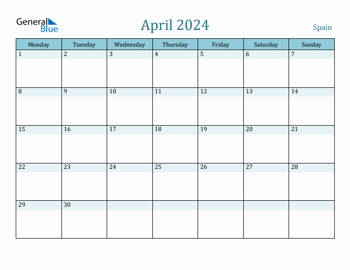 April 2024 Spain Monthly Calendar with Holidays