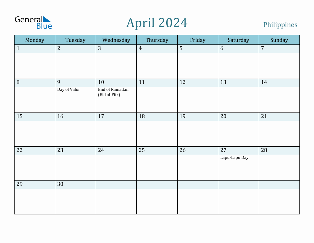 Philippines Holiday Calendar for April 2024
