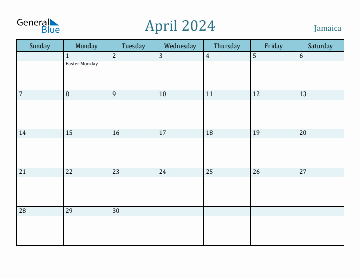 April 2024 Monthly Calendar with Jamaica Holidays