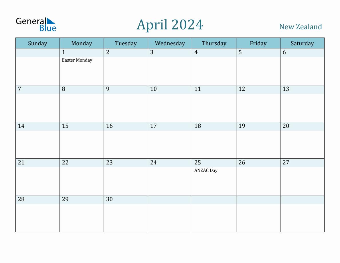 New Zealand Holiday Calendar for April 2024