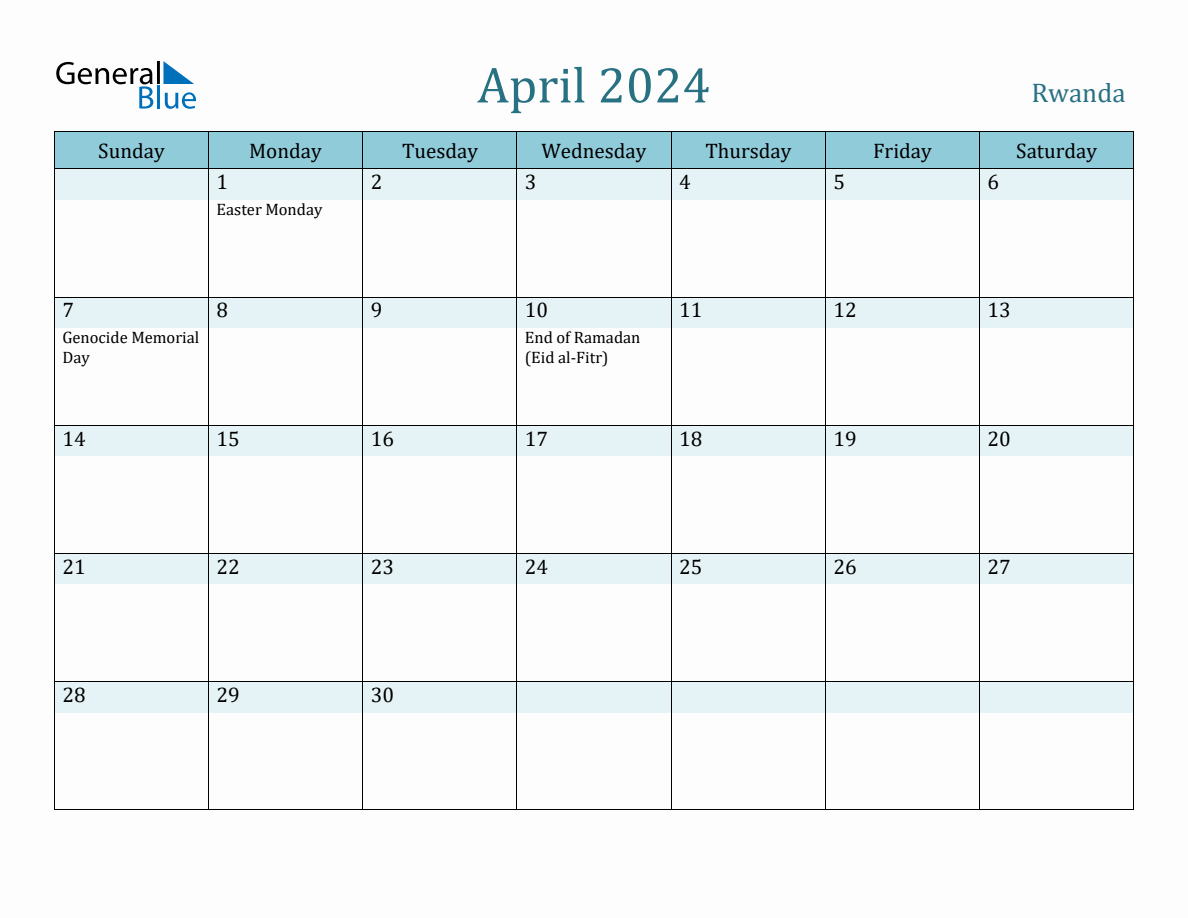 Rwanda Holiday Calendar for April 2024