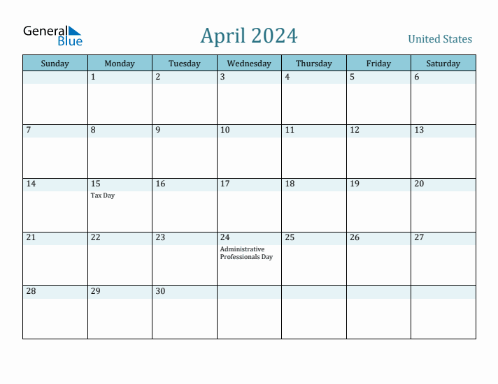 April 2024 Monthly Calendar with United States Holidays