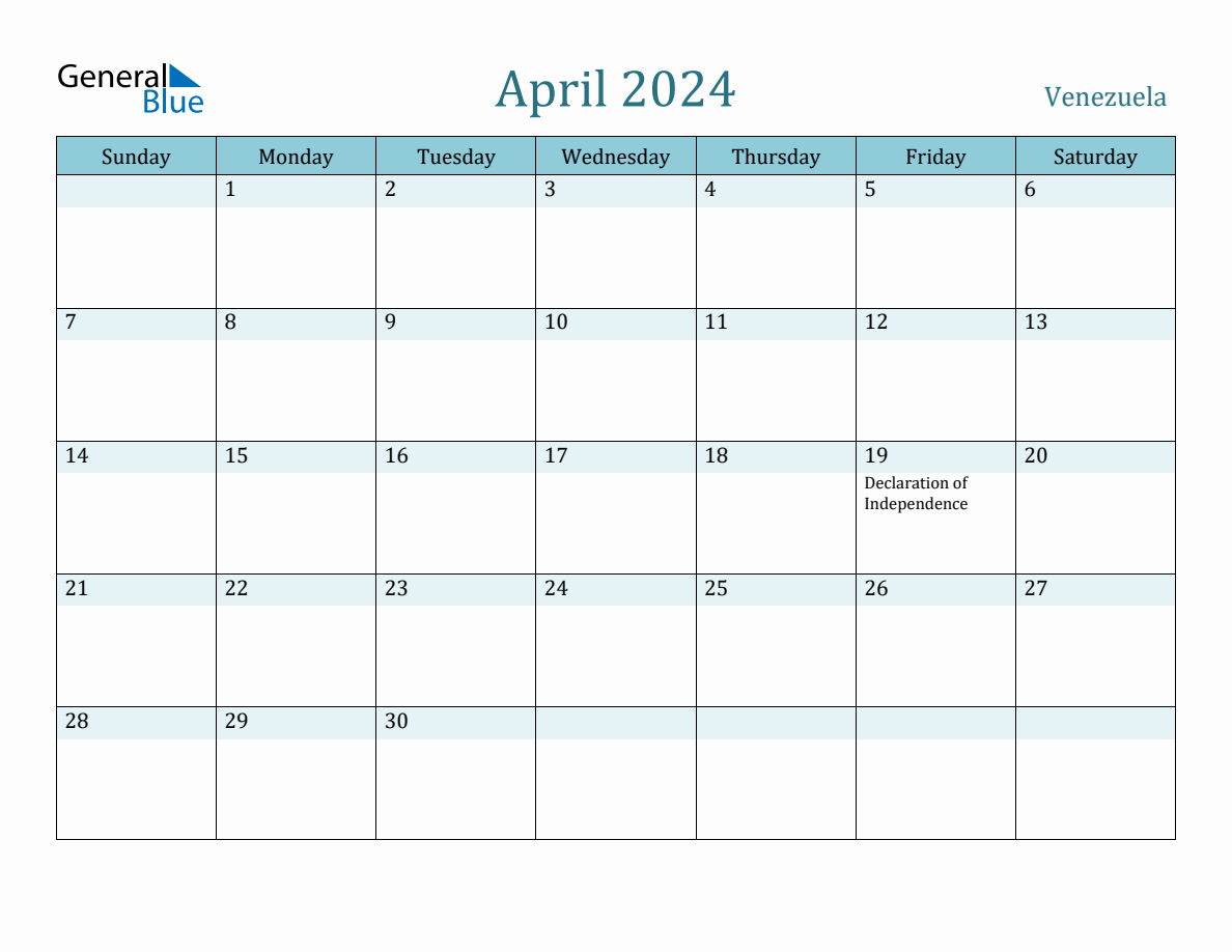 Venezuela Holiday Calendar for April 2024
