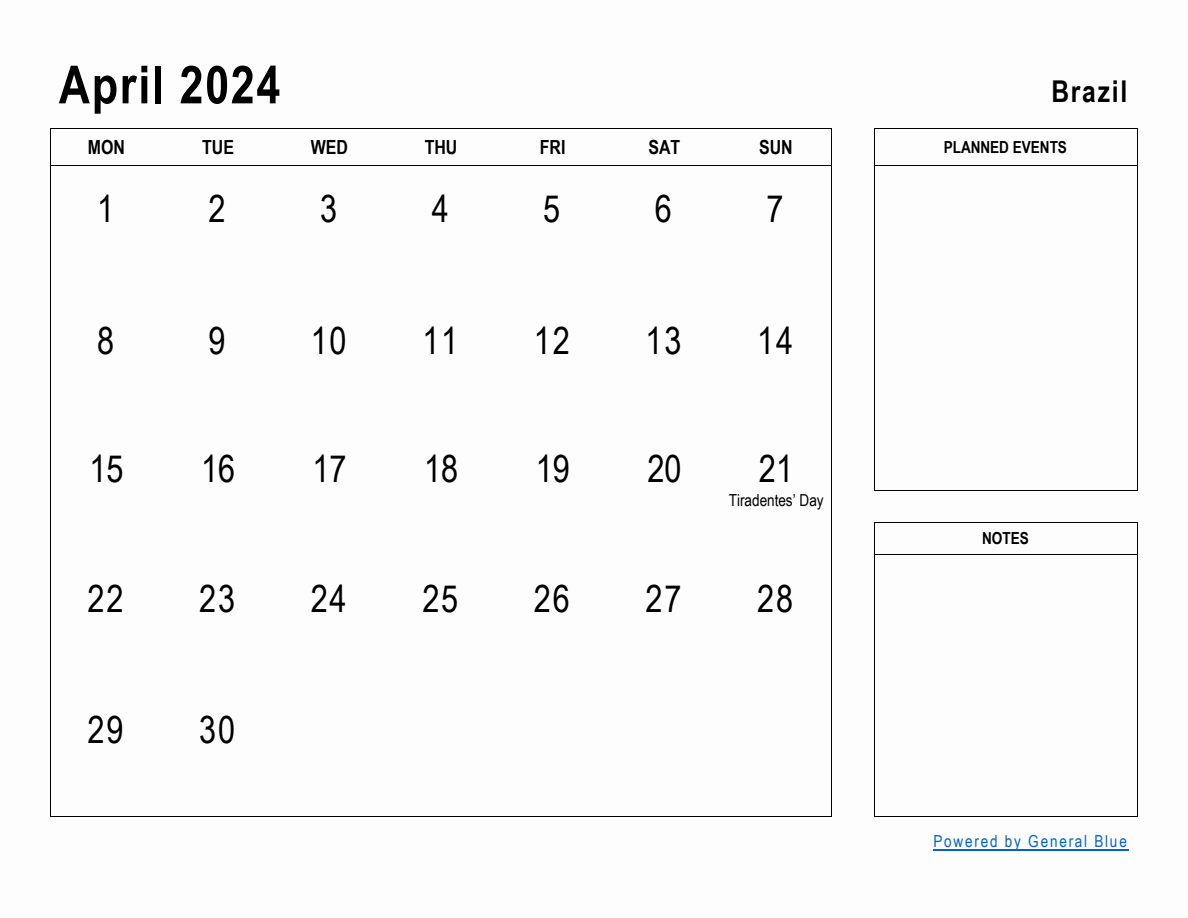 April 2024 Planner with Brazil Holidays