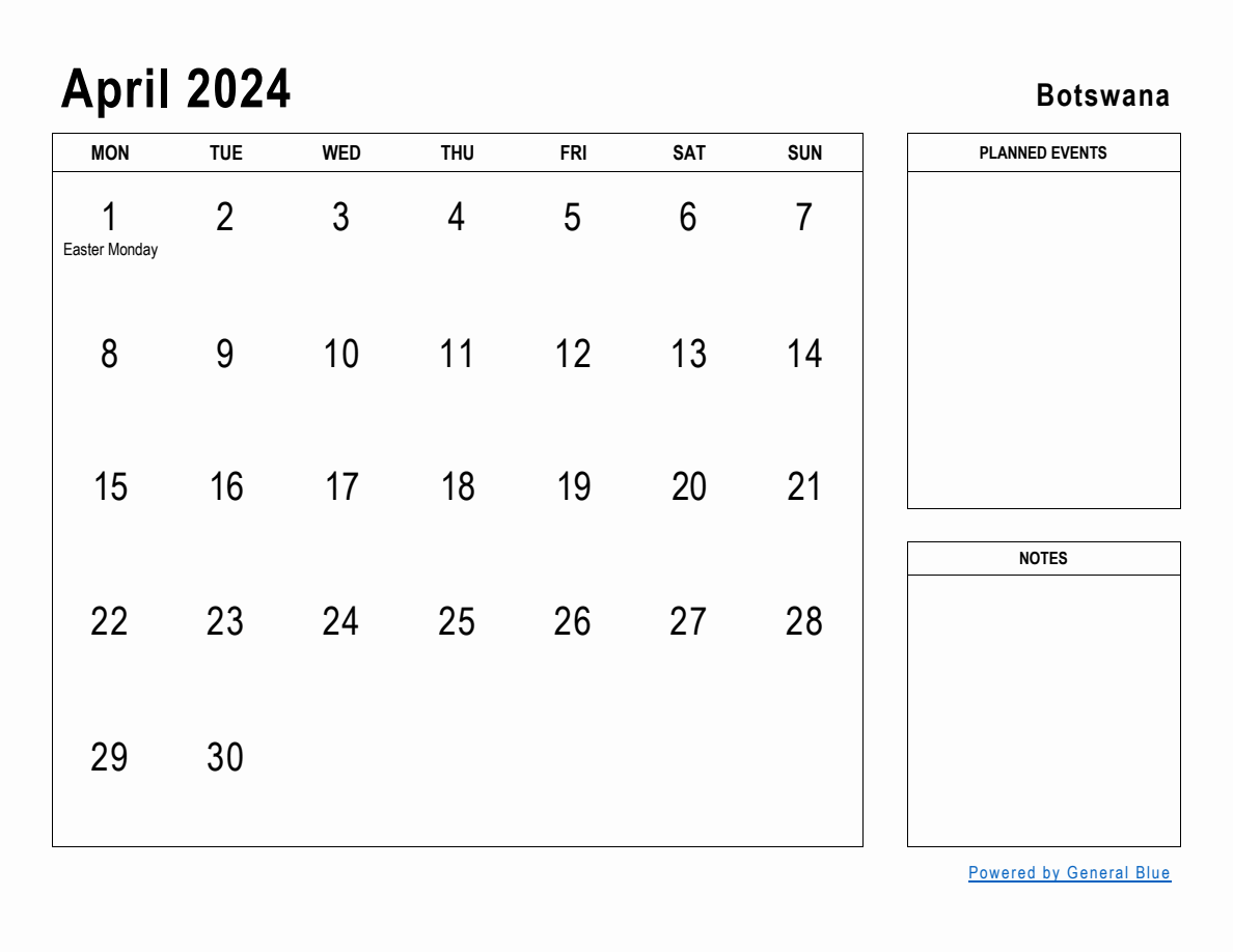 April 2024 Planner with Botswana Holidays