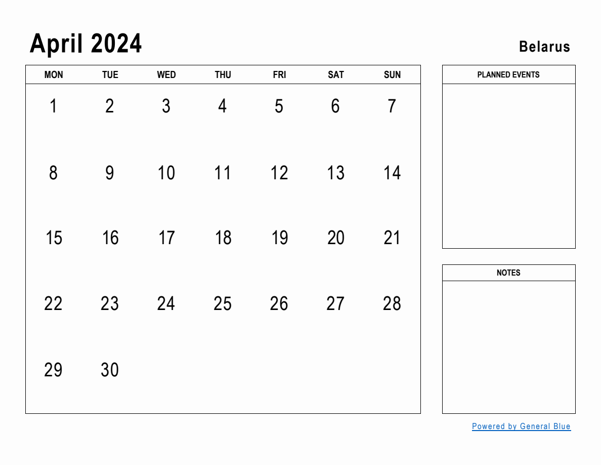 April 2024 Planner with Belarus Holidays