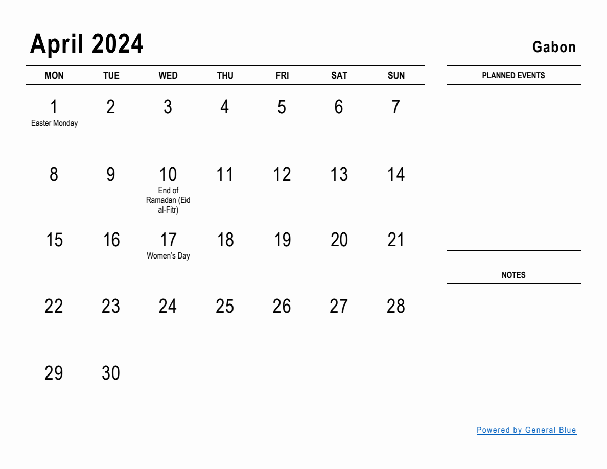 April 2024 Planner with Gabon Holidays