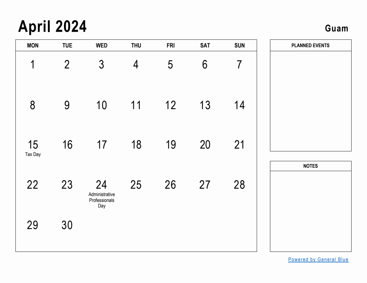 April 2024 Planner with Guam Holidays