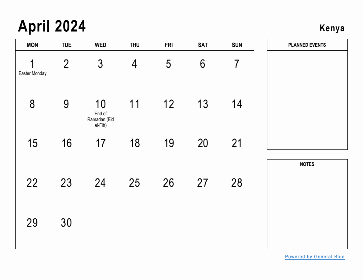 April 2024 Planner with Kenya Holidays