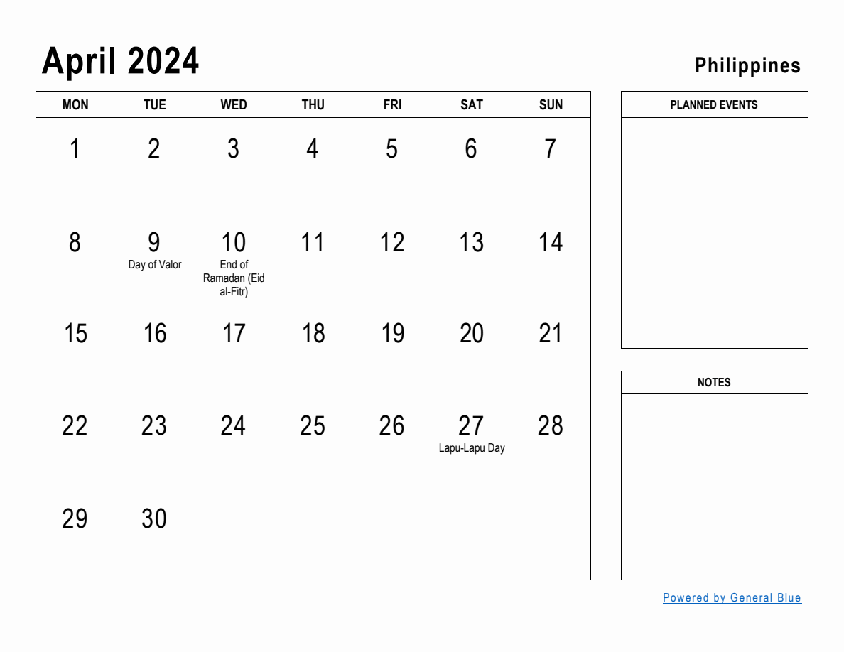 April 2024 Planner with Philippines Holidays