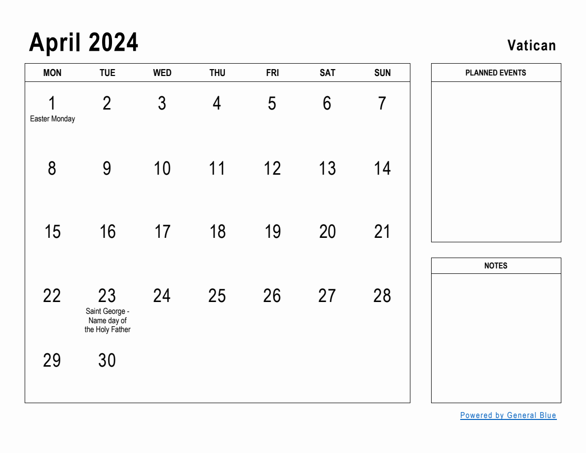 April 2024 Planner with Vatican Holidays