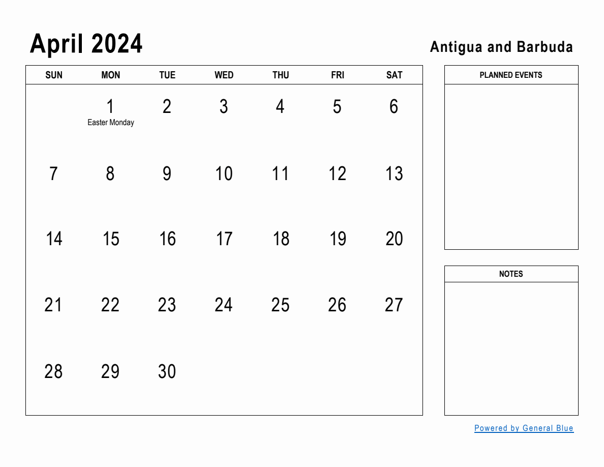 April 2024 Planner with Antigua and Barbuda Holidays
