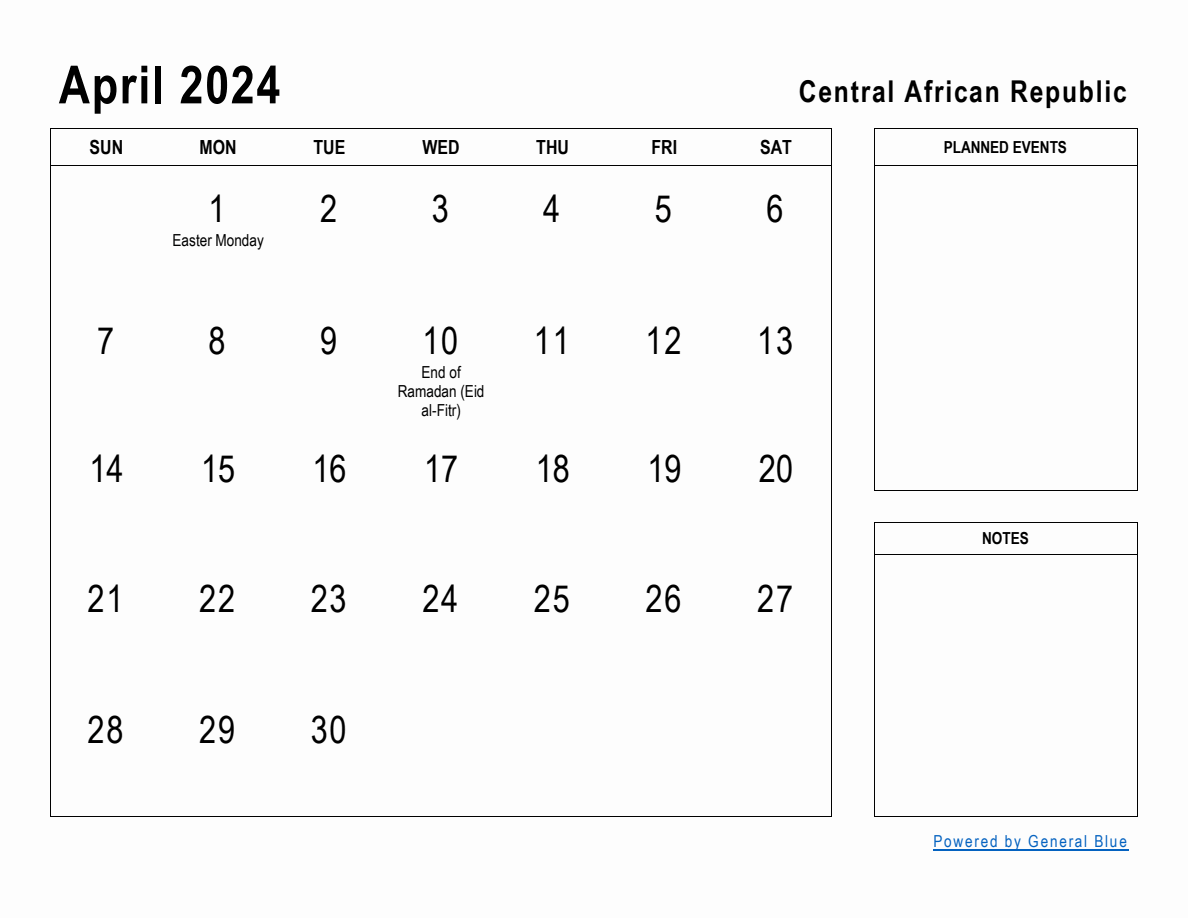 April 2024 Planner with Central African Republic Holidays