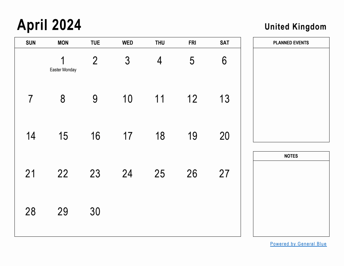 April 2024 Planner with United Kingdom Holidays