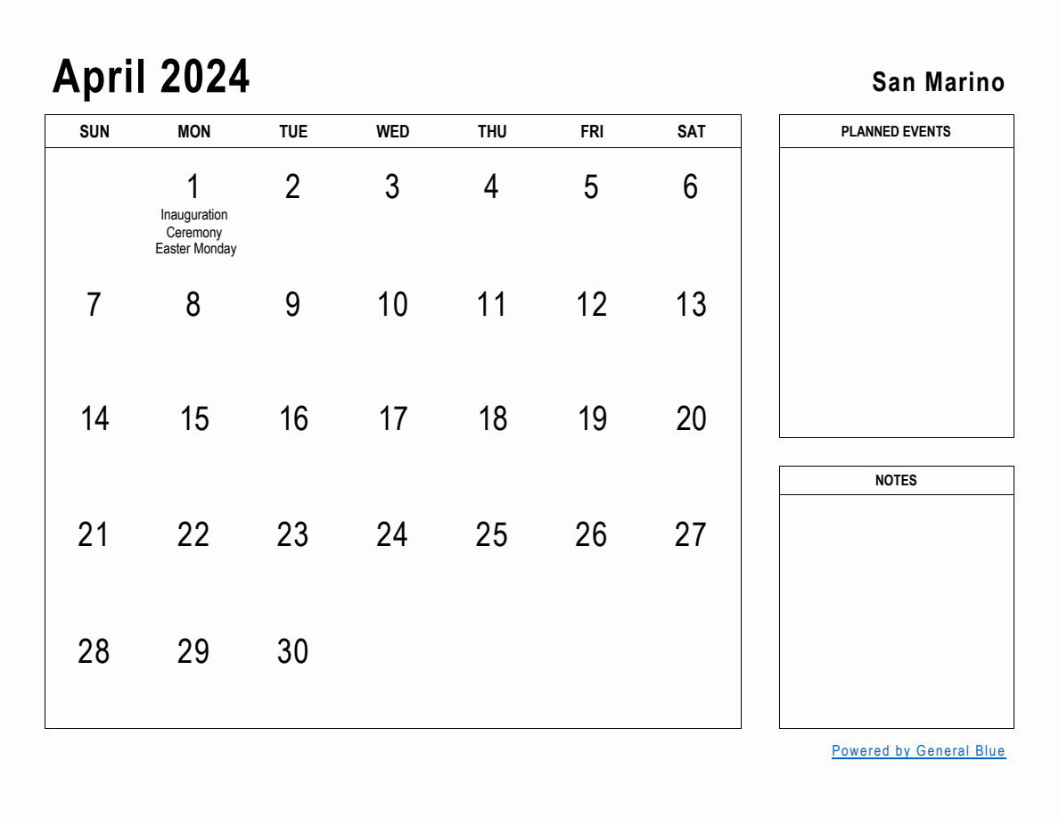 April 2024 Planner with San Marino Holidays