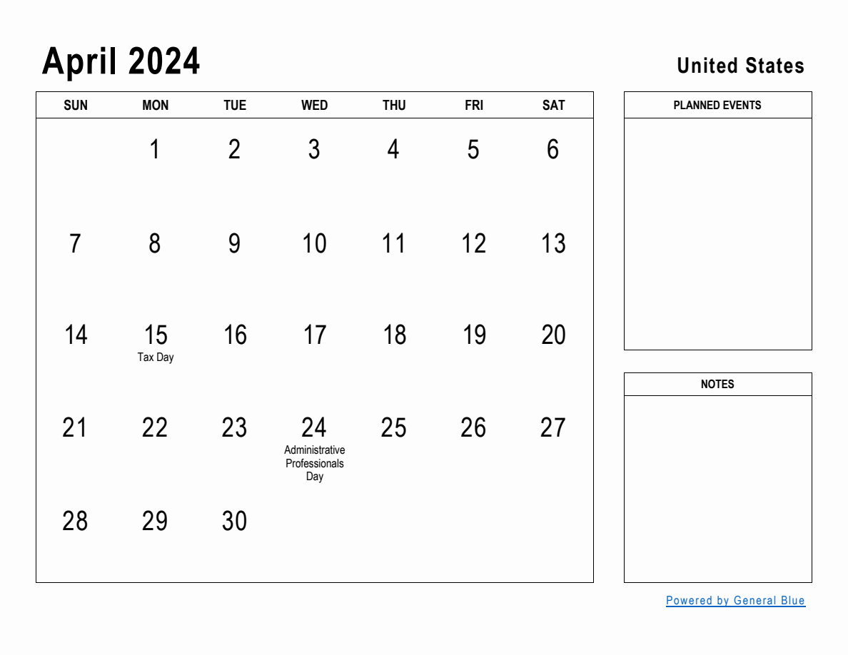 April 2024 Planner with United States Holidays