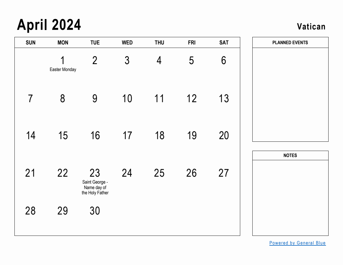 April 2024 Planner with Vatican Holidays