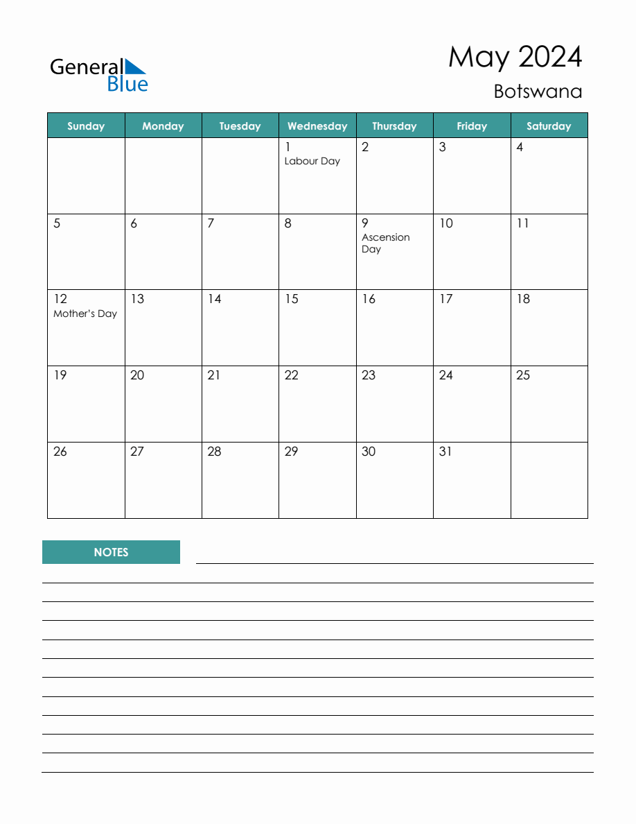 Monthly Planner with Botswana Holidays May 2024