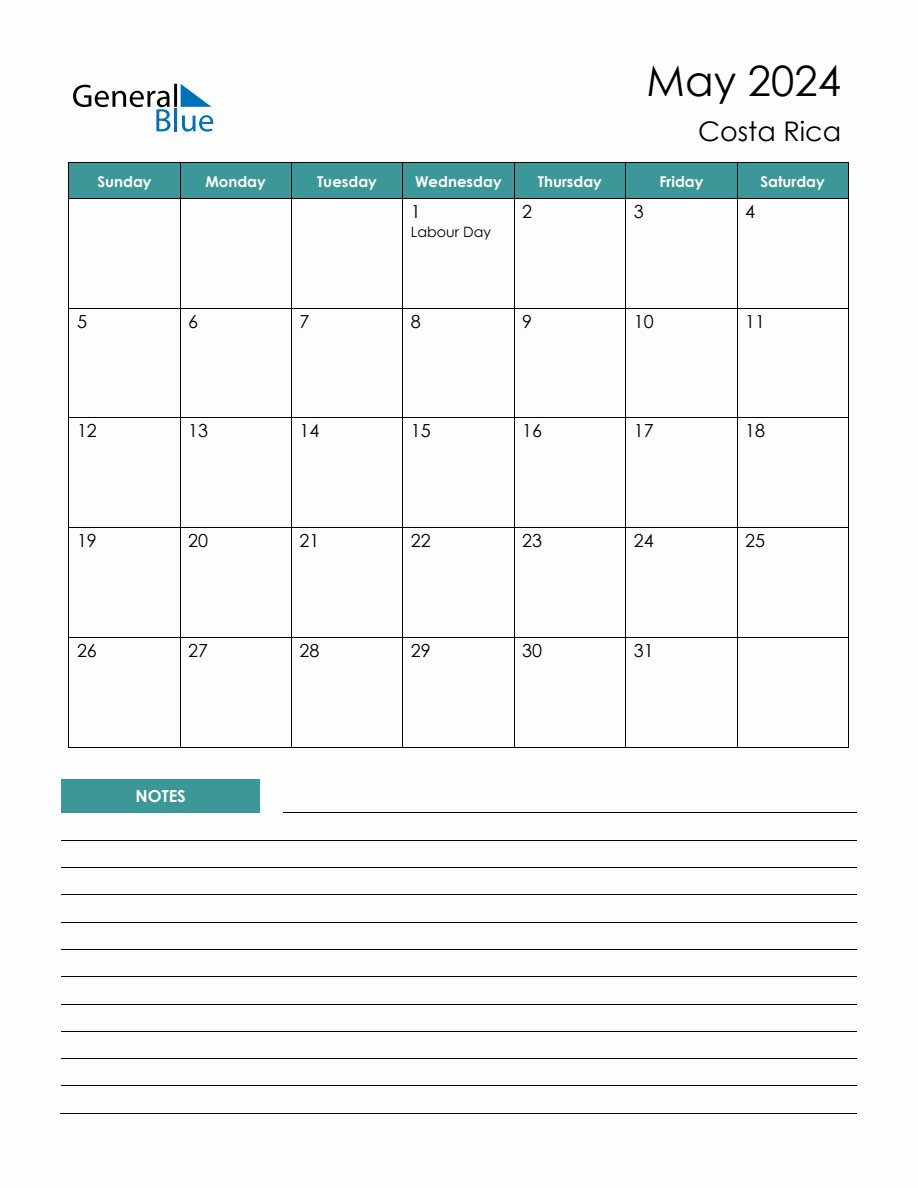 Monthly Planner with Costa Rica Holidays May 2024