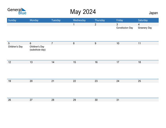 Japan May 2024 Calendar with Holidays