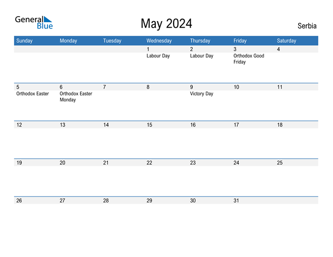 Serbia May 2024 Calendar with Holidays