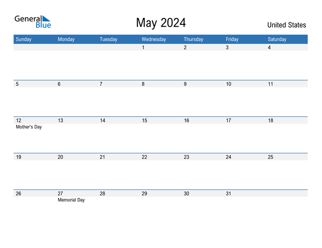 May 2024 Calendar with United States Holidays