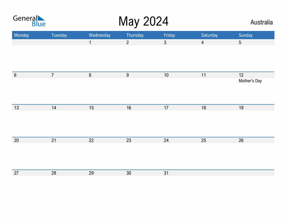 Editable May 2024 Calendar with Australia Holidays