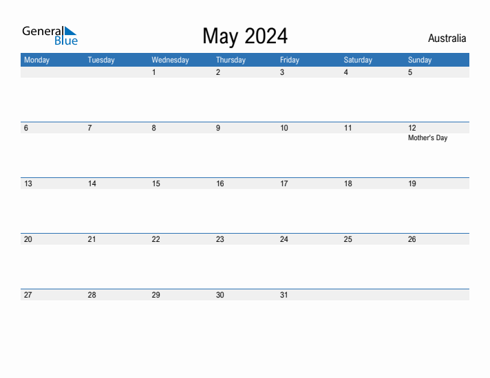 Editable May 2024 Calendar with Australia Holidays