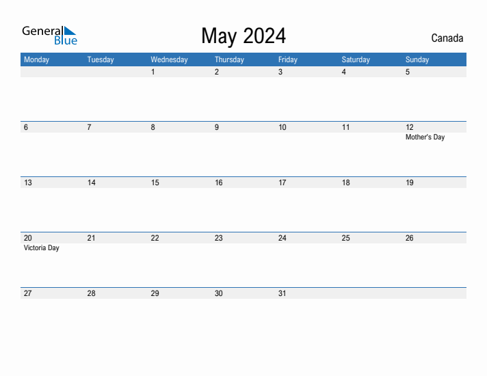 Editable May 2024 Calendar with Canada Holidays