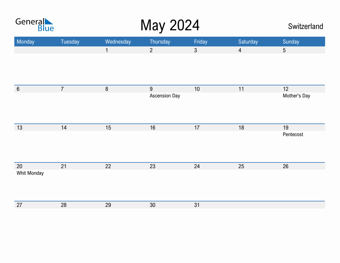 Editable May 2024 Calendar with Switzerland Holidays