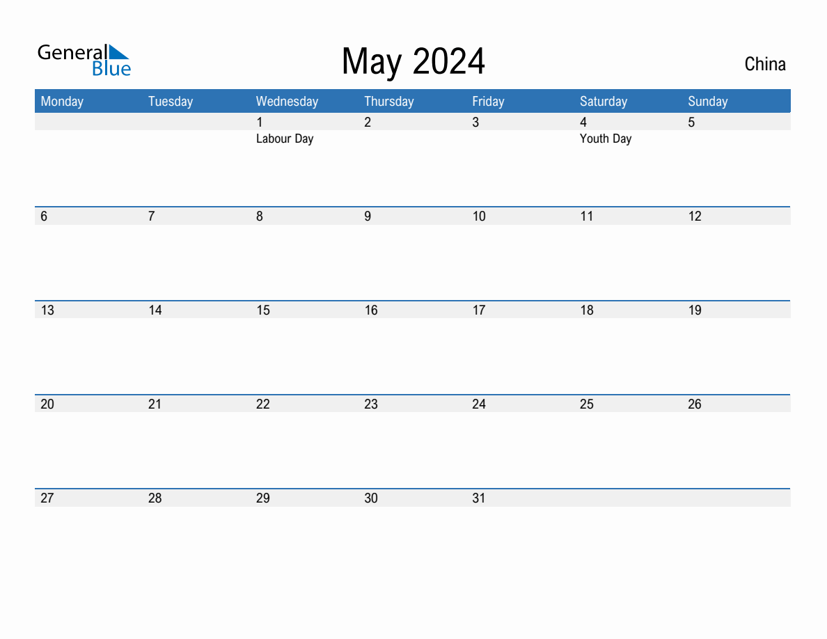 Editable May 2024 Calendar with China Holidays