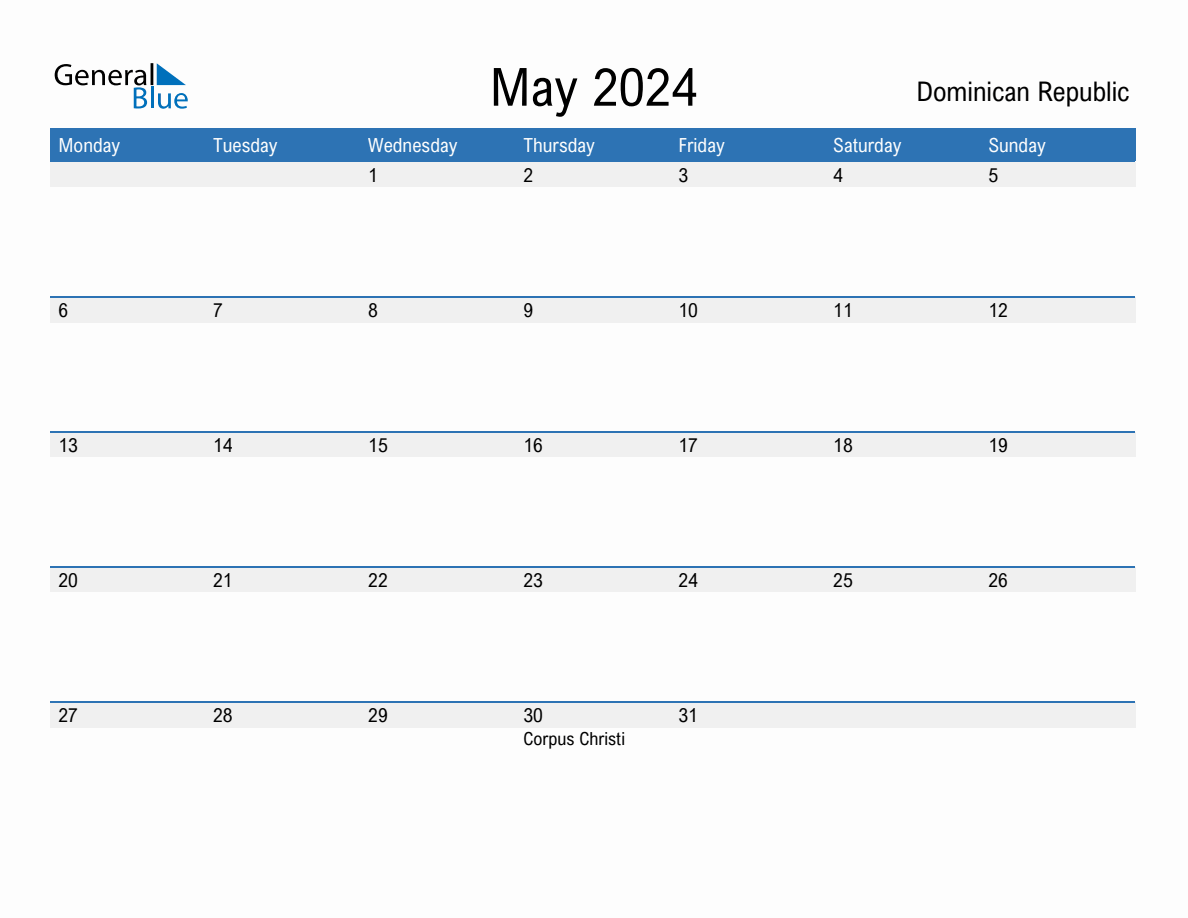 Editable May 2024 Calendar with Dominican Republic Holidays