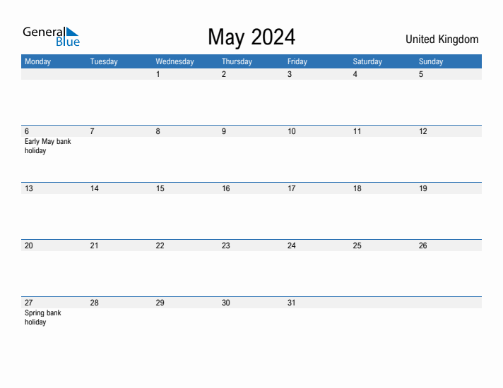 Editable May 2024 Calendar with United Kingdom Holidays