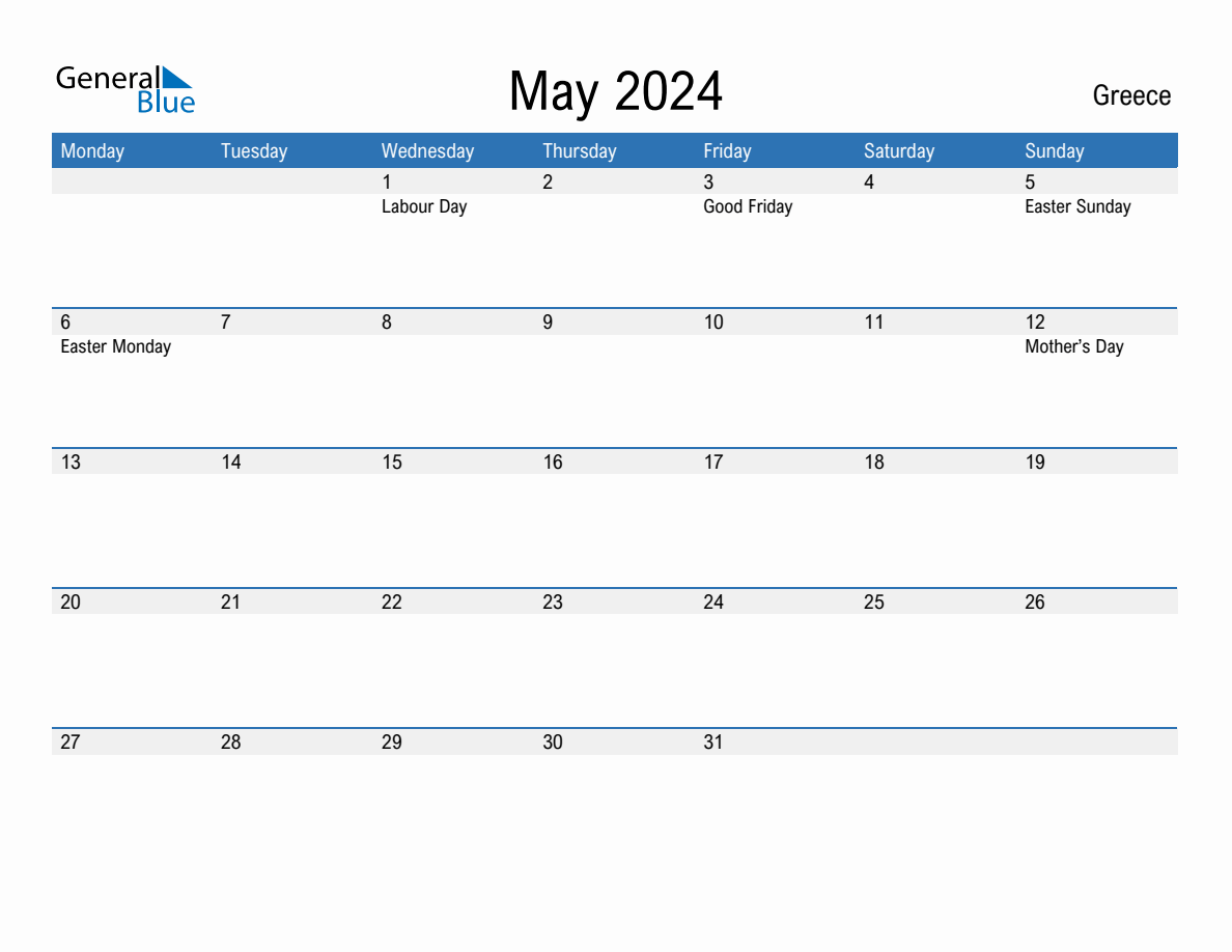 Editable May 2024 Calendar with Greece Holidays