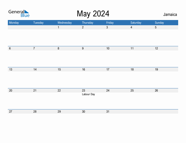 Editable May 2024 Calendar with Jamaica Holidays