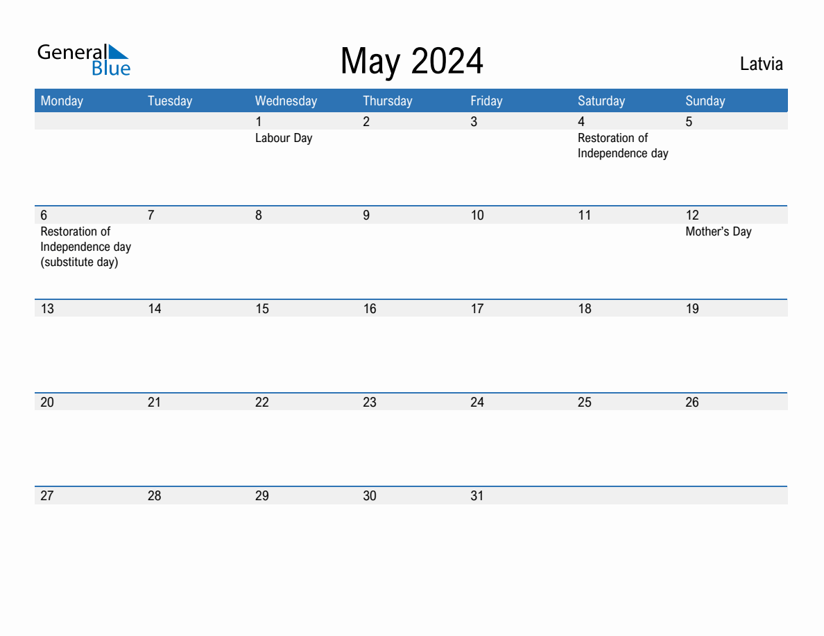 Editable May 2024 Calendar with Latvia Holidays