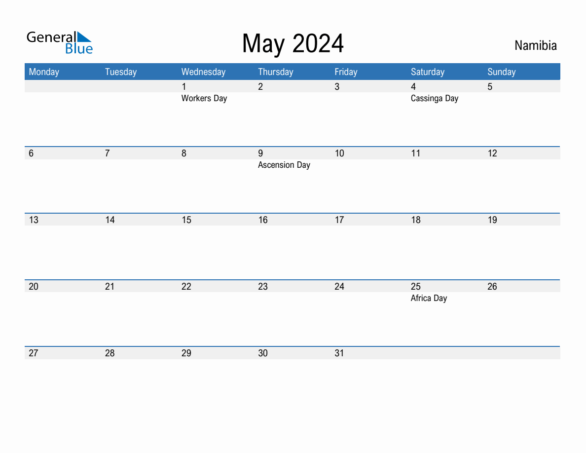 Editable May 2024 Calendar with Namibia Holidays