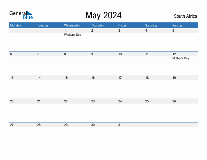 Editable May 2024 Calendar with South Africa Holidays
