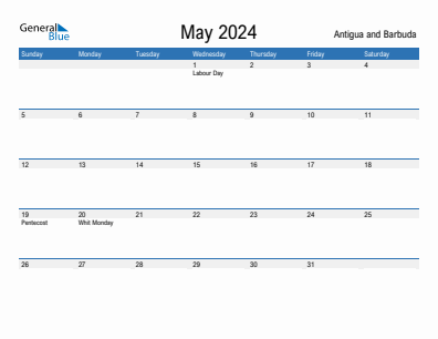 Current month calendar with Antigua and Barbuda holidays for May 2024