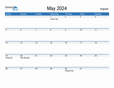 Current month calendar with Anguilla holidays for May 2024