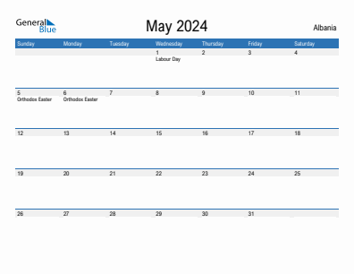 Current month calendar with Albania holidays for May 2024