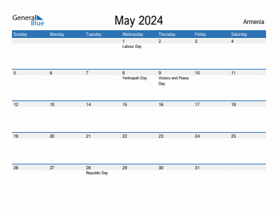 Current month calendar with Armenia holidays for May 2024
