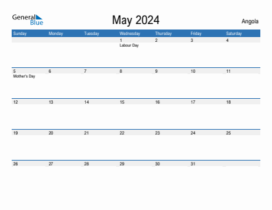 Current month calendar with Angola holidays for May 2024