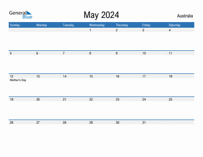 Current month calendar with Australia holidays for May 2024