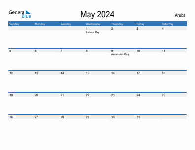 Current month calendar with Aruba holidays for May 2024
